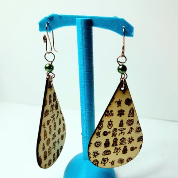 Custom Wood Taino Drawing Patterns Statement Trendy Earrings NWOT handmade - Picture 1 of 6